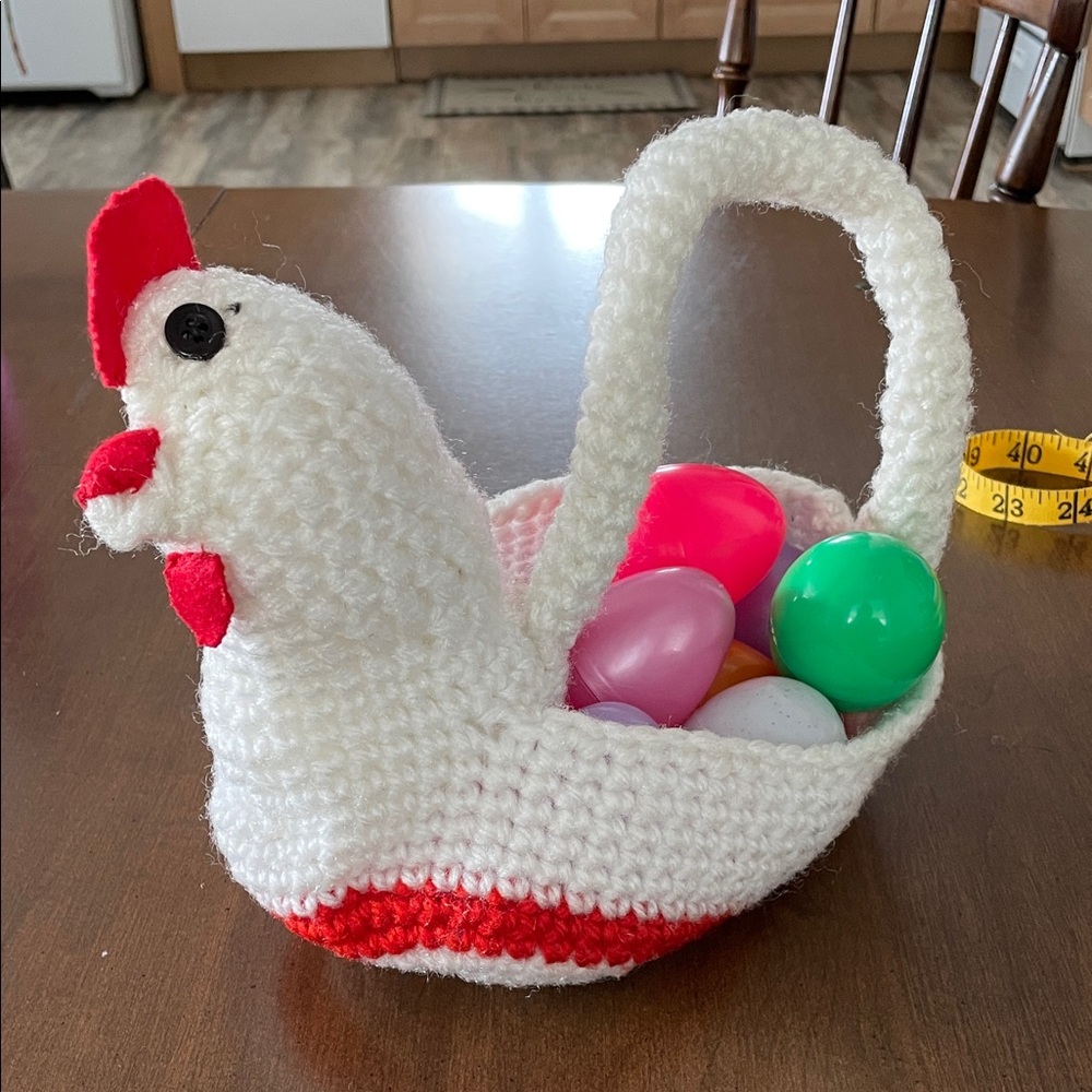 Crochet Chicken Basket with Colorful Eggs